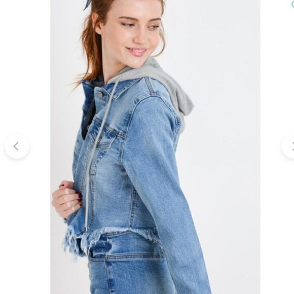 Denim Hooded Raw Cut Frayed Thrashed Destroyed Cropped Jacket Washed Blue Jeans - Picture 3 of 4